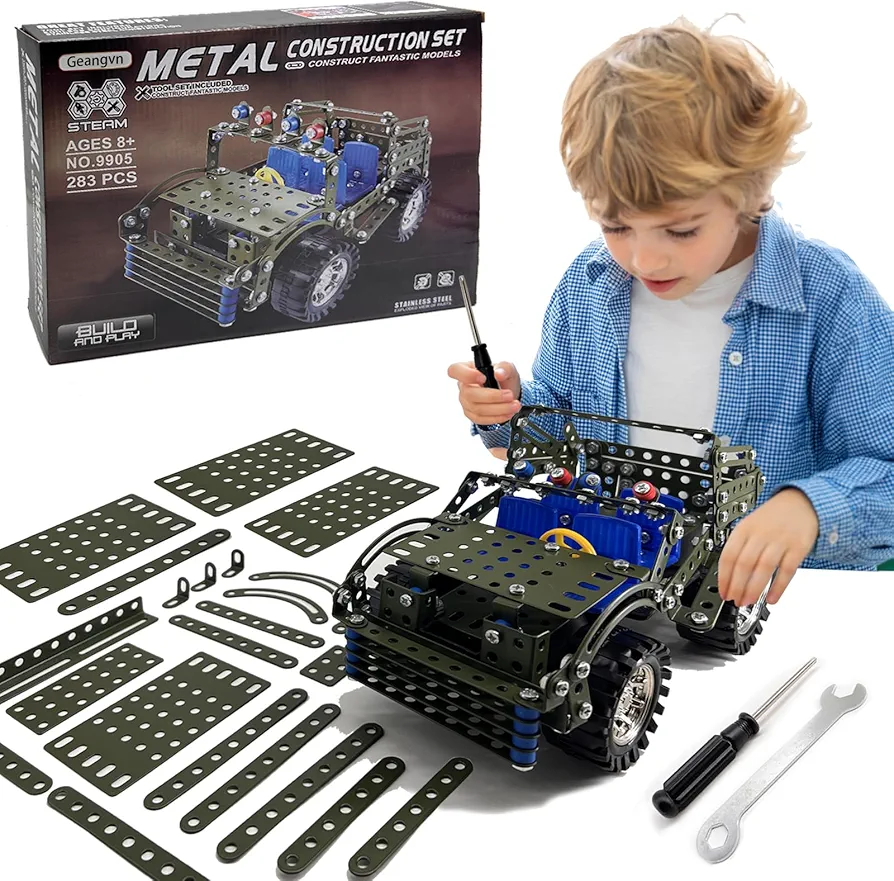 Metal Model Car Kits - 283 Pcs Erector Sets for Boys Age 8-12, Building Toys, STEM Kits for Kids Age 8-10, Assembly Jeep Project Army Toys for Ages 14 and Up, Gifts for 15 16 Year Old Boys and Adults