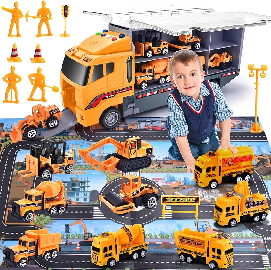 A 21-piece die-cast construction truck set for kids with sound, lights, engineering vehicles, workers, barricades, play pads - The ideal car gift for boys and girls during The holiday season