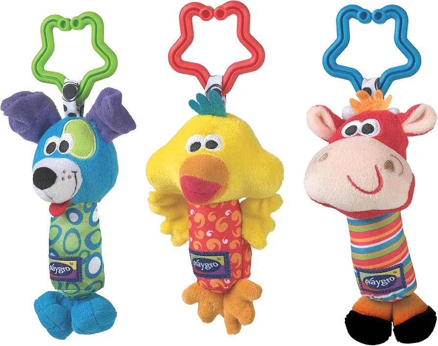 Playgro Tinkle Trio Soft Baby Hanging Toys for Infant - Rattling Cow, Tinkling Dog, Squeaking Bird - STEM Learning with Easy Clip Attachments for Pram, Car Seat, Stroller - Stroller Toy for 0+ Months