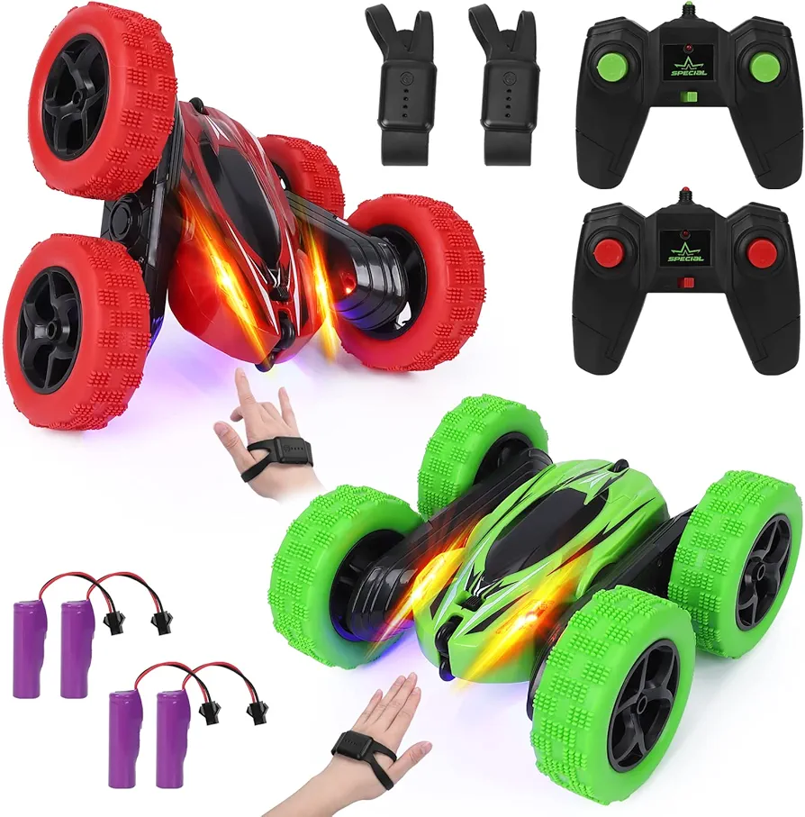 2Pcs RC Stunt Car Watch Gesture Sensor Car-4WD Double Sided 360 Degree Rotating Tumbling Rechargeable Car-High Speed 2.4GHZ Off Road Hobby RC Toy Cars for Xmas Birthday Gift Adults,Kids (Red/Green)