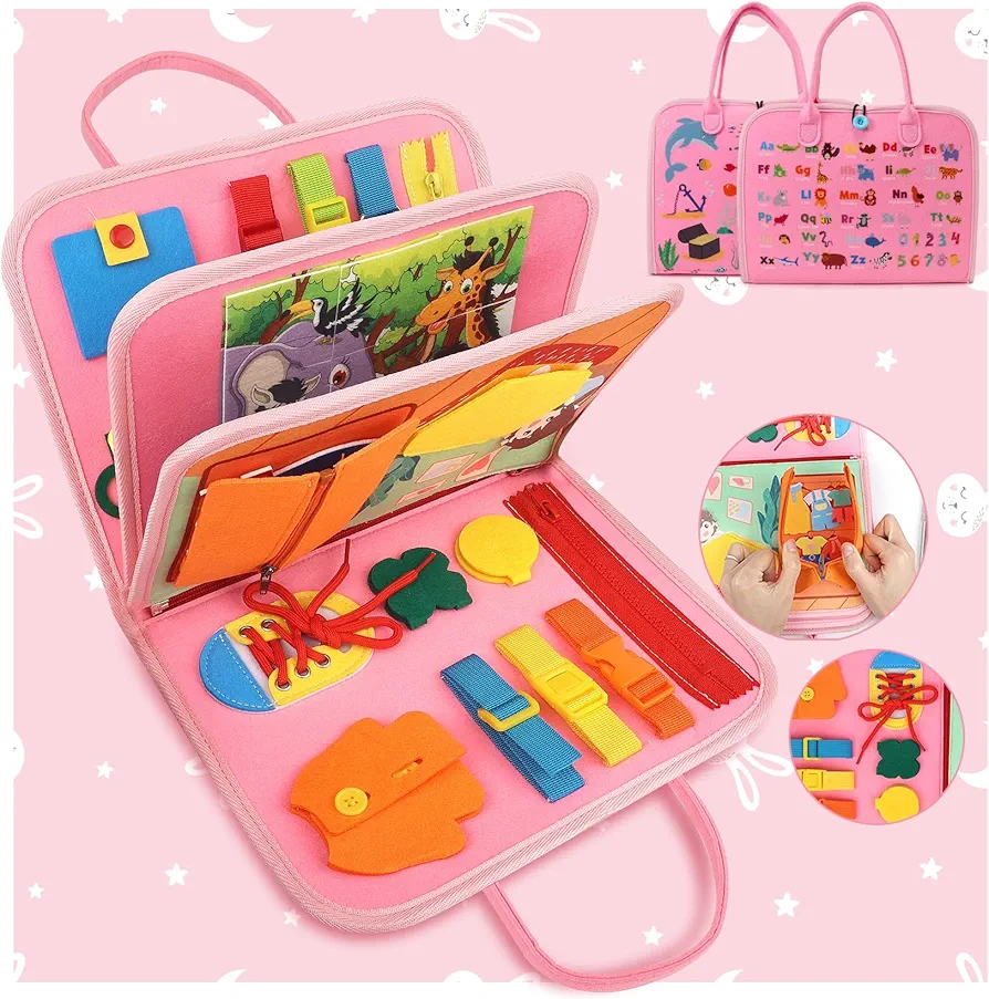 Toddler Girl Toys Busy Board Pink - Birthday Gifts 2 Year Old Girls 1-3 Autism Kids Sensory Airplane Travel Essentials Quiet Books 2-4 Montessori Activity Plane Car Ride Trip Autistic Children Develop