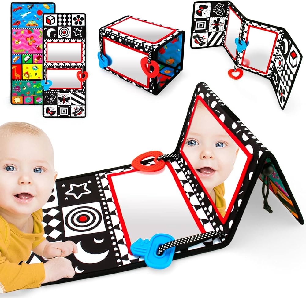 teytoy Baby Toys 0-6 Months Tummy Time Mirror, Foldable Baby Mirror Black and White Tummy Time Toys, Double High Contrast Montessori Sensory Toys for Infant Newborn Baby 0 3 6 9 Months