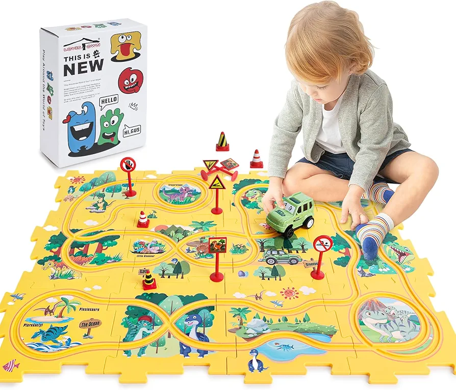 LovesTown 25PCS Dinosaur Puzzle Track Car Play Set, Plastic Dinosaur Puzzles for Kids with Vehicles Montessori Toys Railcar Puzzle for Toddlers Boys Girls Party Favors