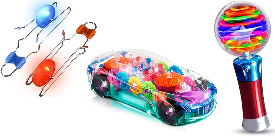 Art creativity - Autism Sensory toys bundle- Includes 2 Rail Twisters, 1 Flashing LED Wand, 1ArtCreativity Light Up Transparent Sensory Car Toy for Kids, 1 Bump and Go Toy Car with Colorful Moving gea