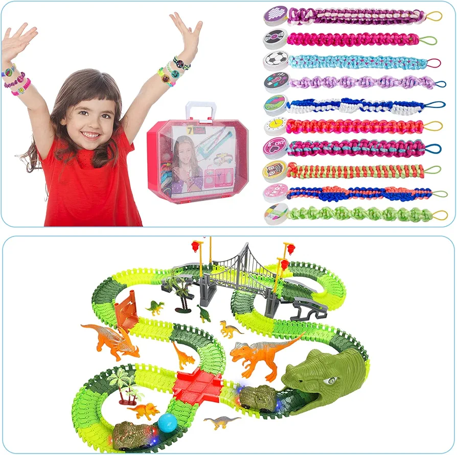 BEMITON Friendship Bracelets Making Kit & Dinosaur Toys Race Car Track, Flexible Dinosaur Train Toys, STEM Education Christmas Birthday Gifts for Boy & Girls Age 3-7, 8-12