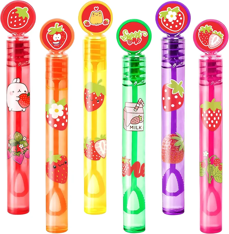 24PCS Strawberry DIY Bubble Wands Party Favors 96PCS Stickers for Goodie Bag Fillers Pinata Stuffers Mini Bubble Bulk Berry First Birthday Party Supplies Toys Gifts Class Prizes Toddlers Girls