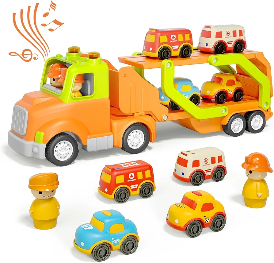 Car Toys for 18M+ 2 3 4 5 Years Old Kids, 24in Friction Powered Kids Play Truck with 4pcs Small Car, Best Gift Choice for Christmas, Birthday