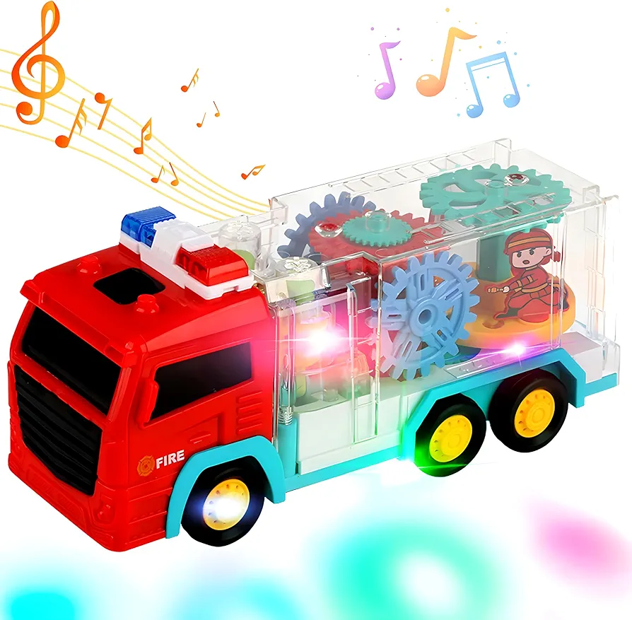 Light Up Sensory Car Toy for Kids,Transparent Gear Fire Truck Toy with Colorful Moving Gears Music and Lights Effects,Educational Tummy Time Toys for Boys and Girls