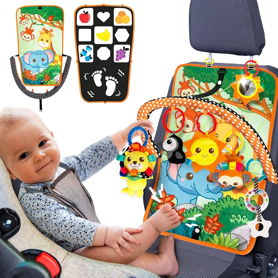 Baby Car Seat Toy with Music, Mirror, Animals - Portable Infant Travel Activities and Sensory Stroller Toys