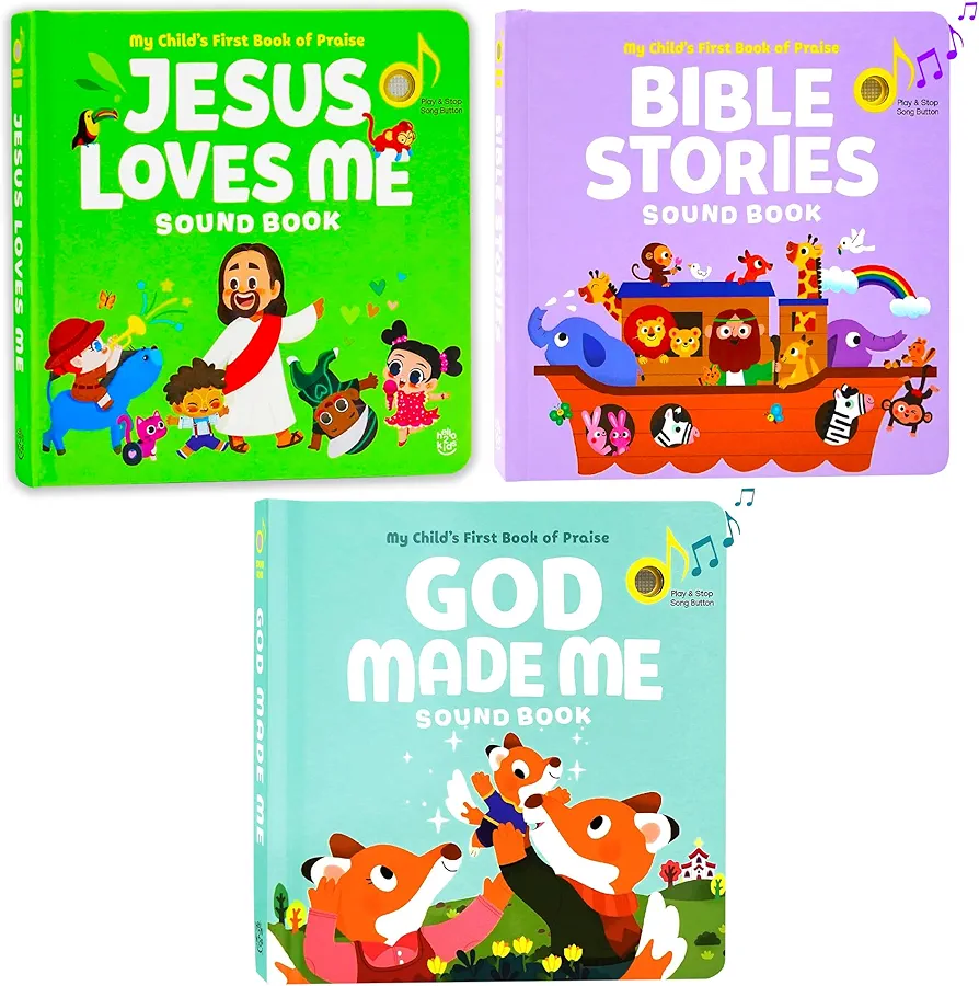 Jesus Loves Me, Bible Stories and God Made Me - Bundle of 3 Books - Christian Sound Books for Toddlers 1-3 | Six Bible Songs & Illustrations in Each Book - Baptism Gifts for Boys and Girls