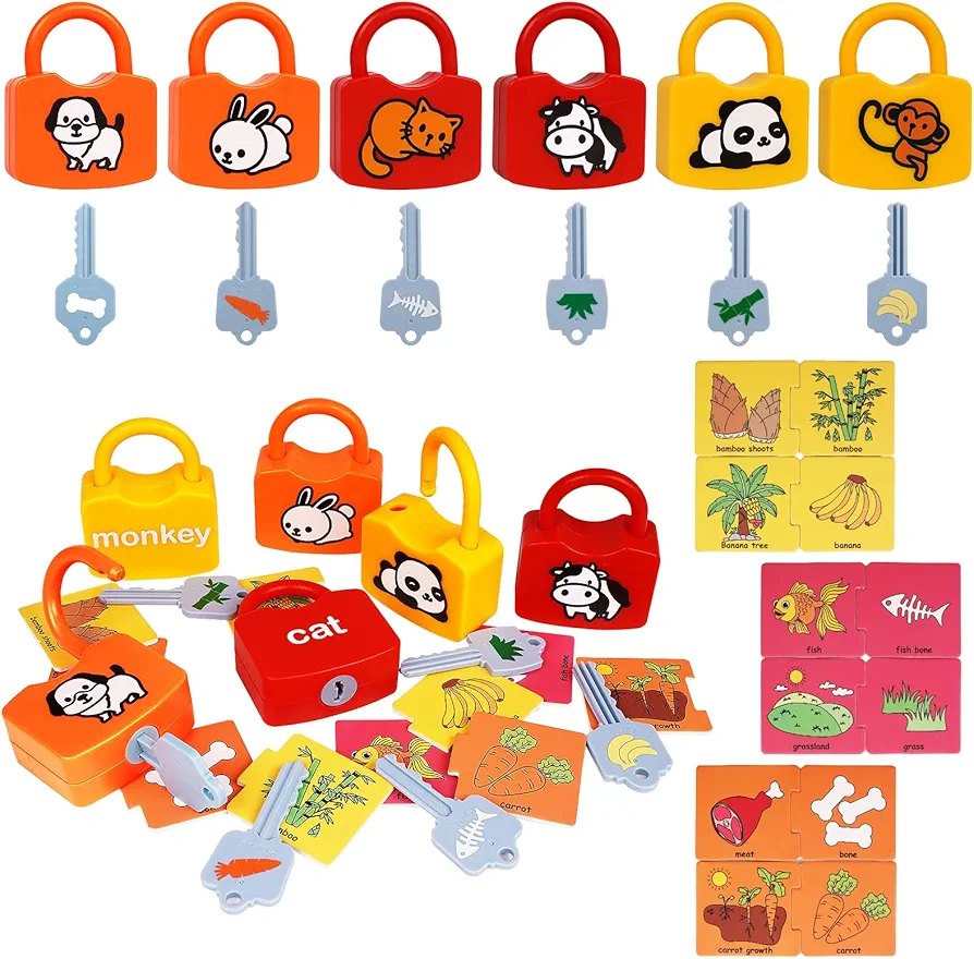 Shape Sorting Matching Learning Locks Toys, Toddler Montessori Educational Toy Geometric Shape Matching Recognition Color Sorting Toy Set, Preschool Locks and Keys Learning Game (Animal Matching)