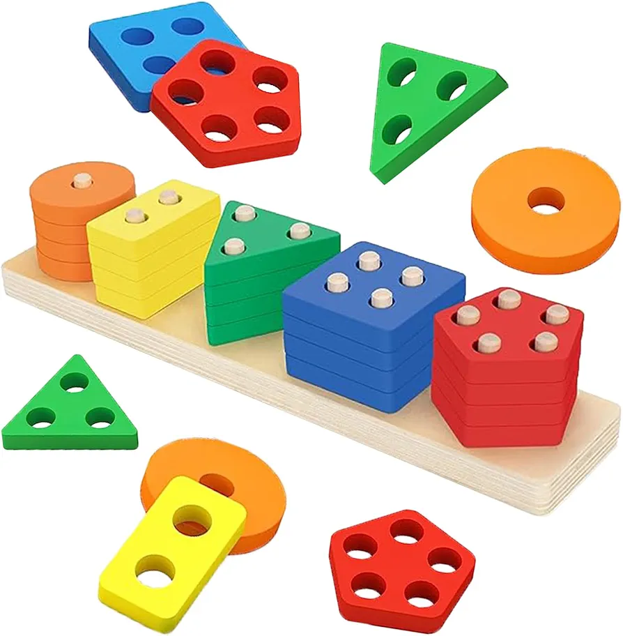 Montessori Toys for 1+ Year Old, Wooden Sorting & Stacking Toys for Toddlers and Kids Preschool Educational Toys Color Recognition Stacker Shape Sorter Learning Puzzles