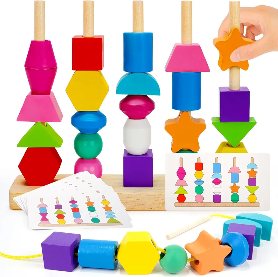 Montessori Toys for 2 3 4 Year Old Kid Boy Girl Toddler, Montessori Wooden Beads Sequencing Toy Set, Lacing Beads & Stacking Block & Matching Shape Stacker, STEM Preschool Learning Toy Birthday Gift