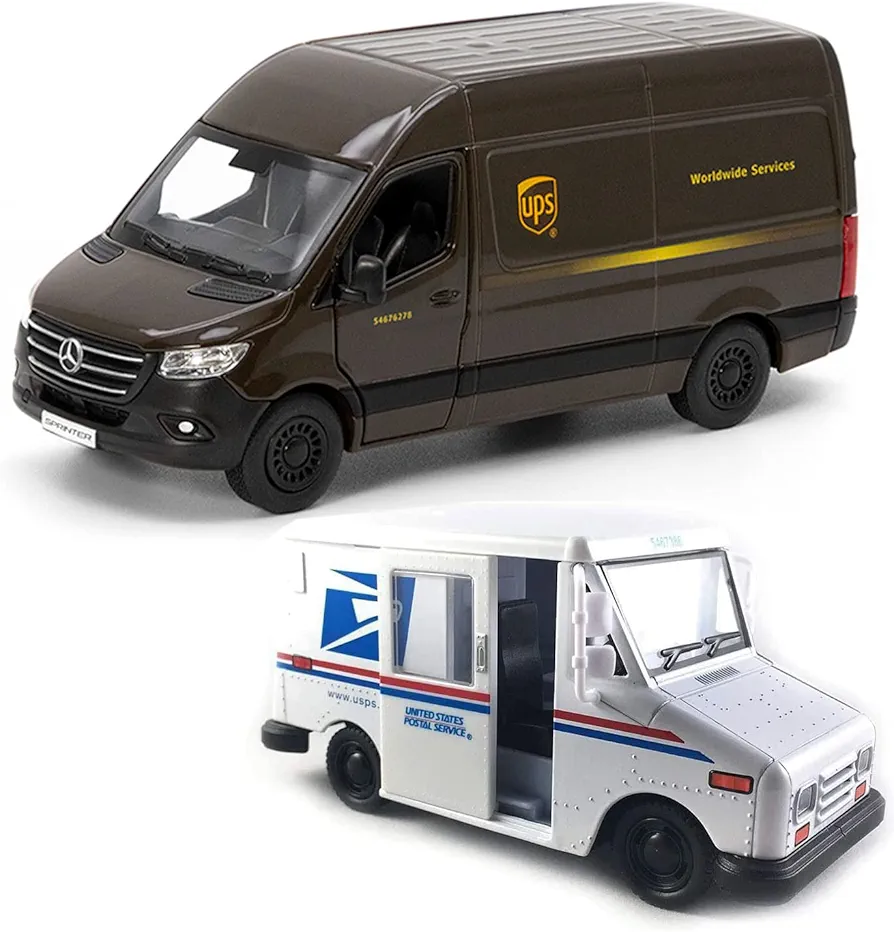 UPS Mercedes-Benz Sprinter + United States Postal Mail Truck Grumman LLV 5 Inch Die Cast Metal Model Toys SetOf2