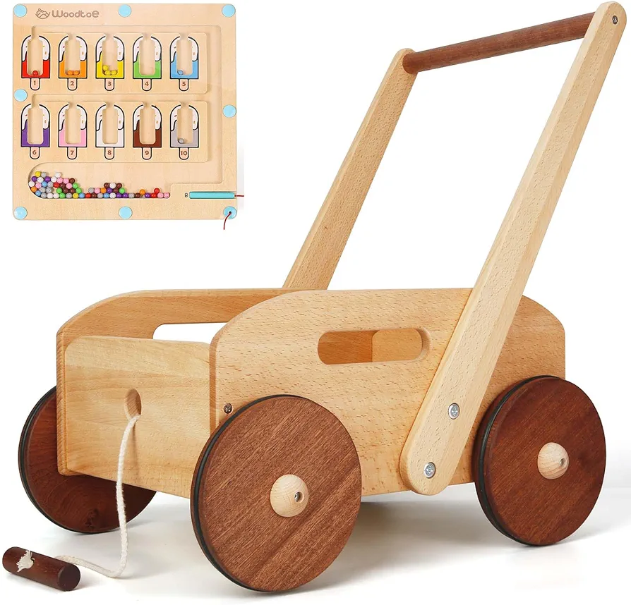 Wooden Baby Walker for Toddlers, Adjustable Speed Push Toys for Babies Learning to Walk, with Magnetic Color and Number Maze, Learning & Education Toys for Kids Boys Girls