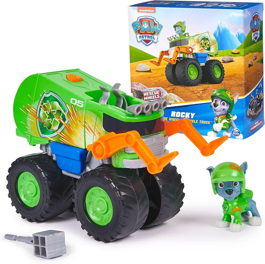 Paw Patrol: Rescue Wheels Rocky’s Recycle Truck, Toy Truck with Projectile Launcher and Collectible Action Figure, Kids Toys for Boys & Girls Ages 3+