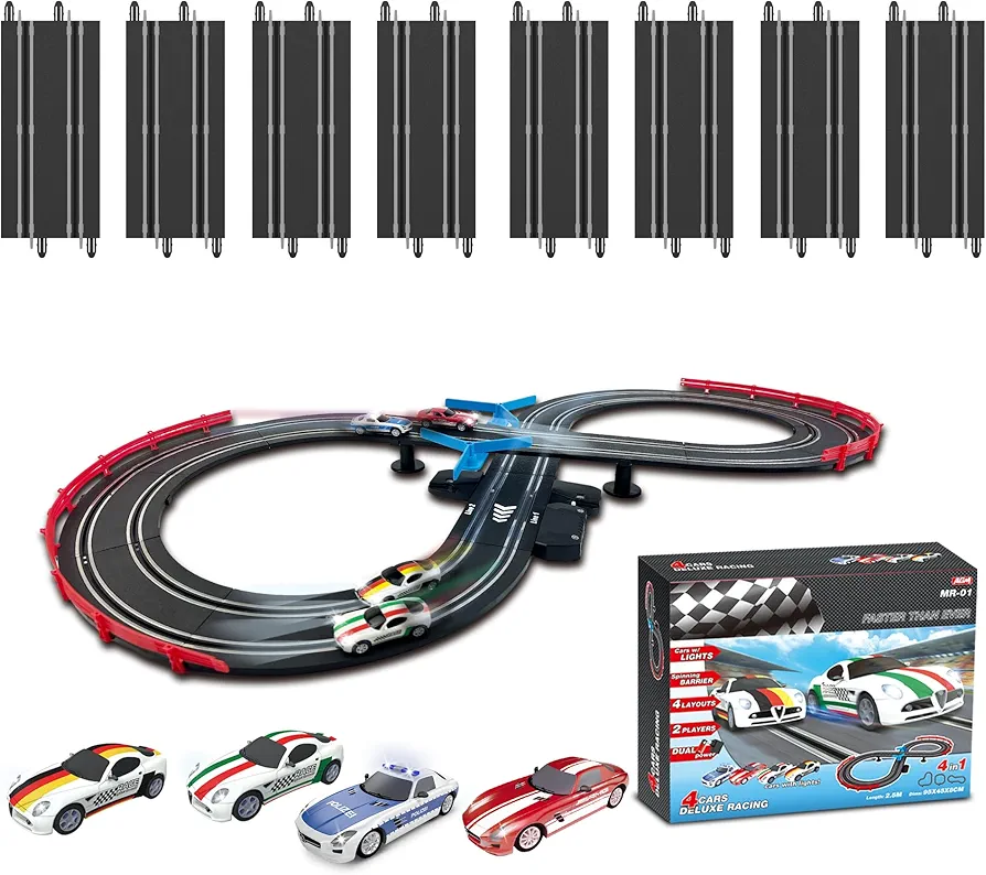 AGM MASTECH Slot Car Race Track Sets with Extension Pack - 8 Additional Straight Tracks, 4 Exquisite Slot Cars, Battery or Electric Car Track, 2 Controllers, Lap Counter, Gift Toys for Boys and Girls