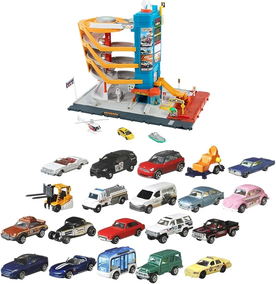 Bundle of Matchbox Transportation Center with 5 Levels, Car-Activated Features, 1:64 Scale Taxi, Boat & Helicopter & Food Vendor + Matchbox 20-Pack of 1:64 Scale Die-Cast Toy Cars (Styles May Vary)