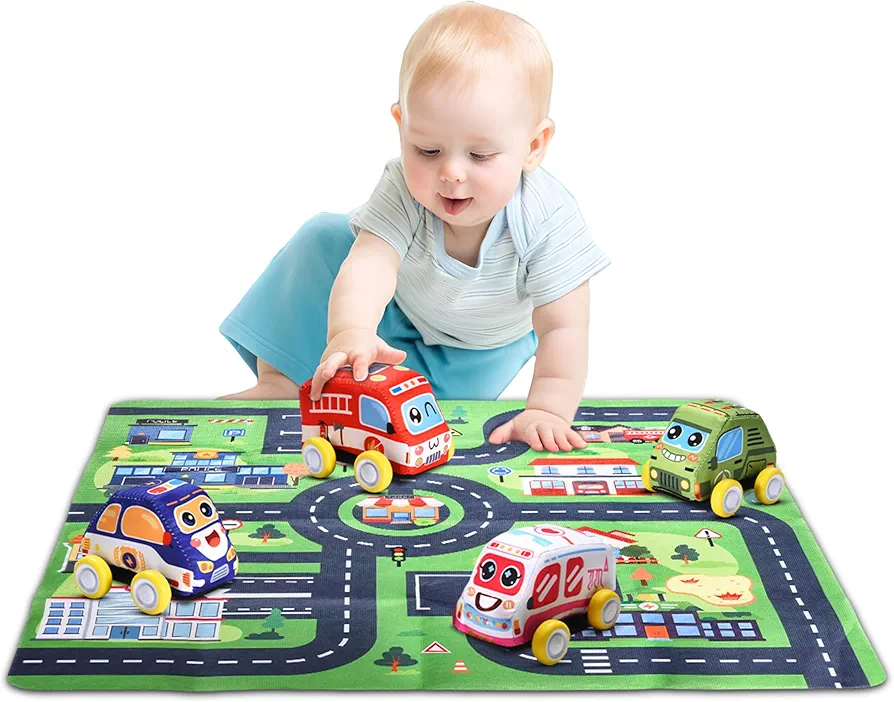 Childlike Behavior Cloth Pullback Cars for Toddlers - 4-Piece Soft Cloth Cars with 1 Street Rug Set (27.5'' x 27.5'') - Engaging and Durable Toy Cars - Ideal for Developing Motor Skills - Multicolor