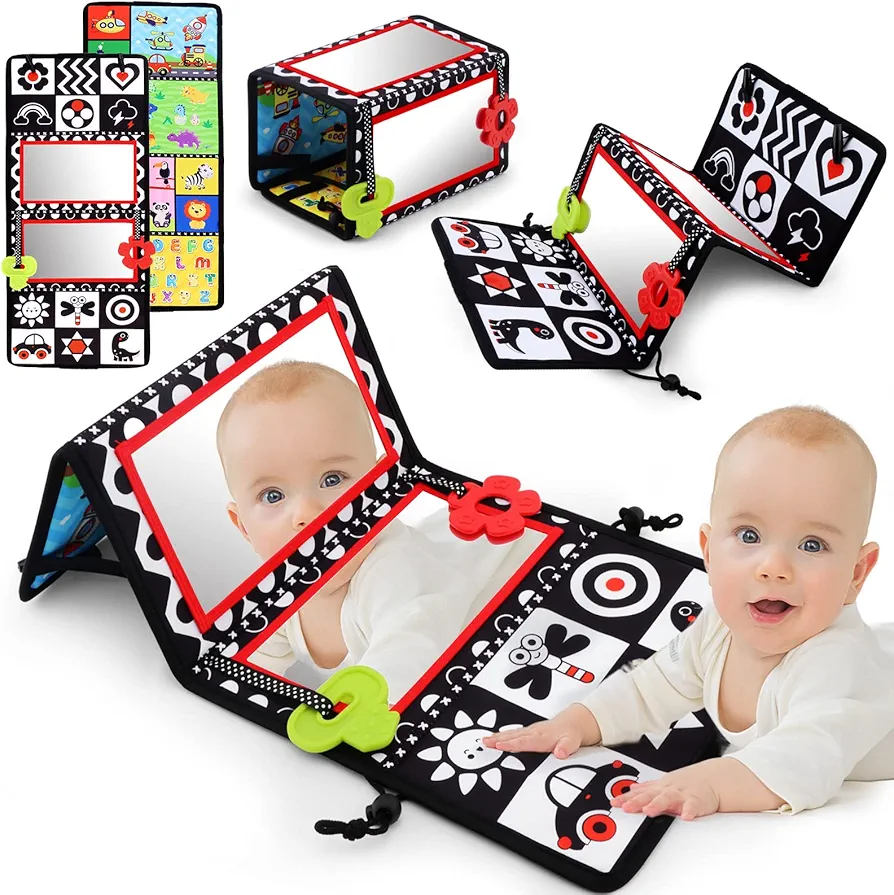 Tummy Time Floor Mirror with Teethers, Double-Sided Baby Mirror Black and White High Contrast Baby Toys for Babies, Baby Montessori Toys Crawling Developmental Newborn Infant Sensory Toys (A-Mirror)