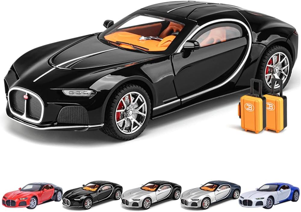 Model Car 1/24 Bugatti Toy Car, Atlantic Alloy Die Cast Cars Model Car for Kids Birthday Christmas Party Gift, Pull Back Toy Cars with Sound and Light (Black)