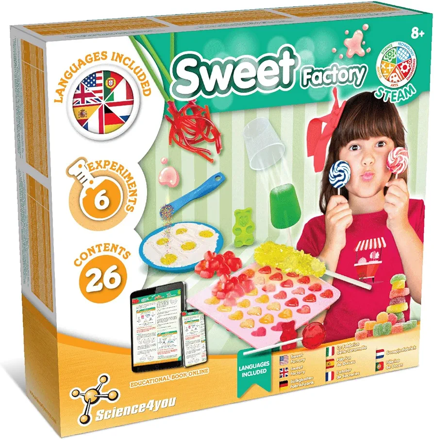 Science4you Sweet Making Kit for Kids - Make Your Own Gummies, Lollipops and Much More, 26 Contents, Gummy and Sweet Moulds Included, Games, Stem Toys, Gifts for 8+ Year Olds Boys and Girls