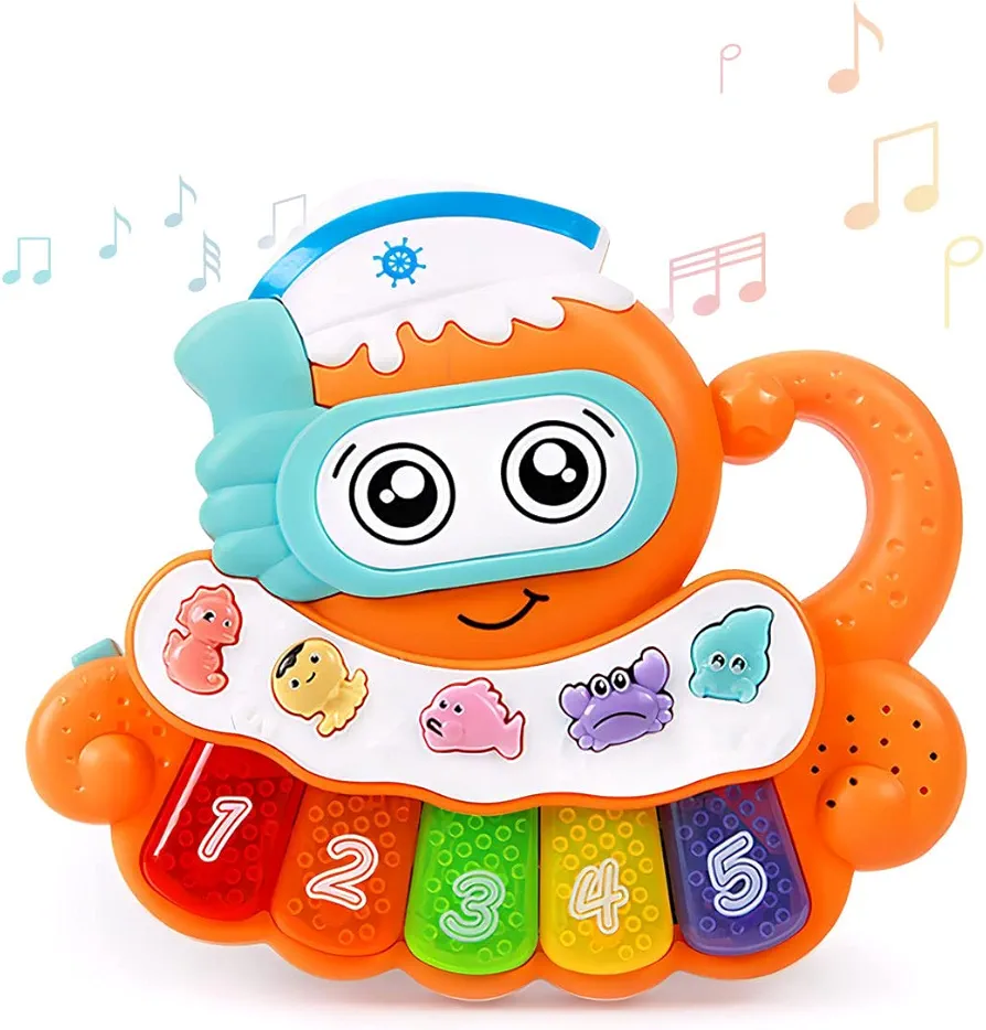 Musical Toy for Babies, Octopus Piano Plays Music, Numbers, and Sounds, Light Up Keyboard and Ocean Theme Animal Buttons, Electronic Learning Game for Infants and Toddlers, Built in Handle