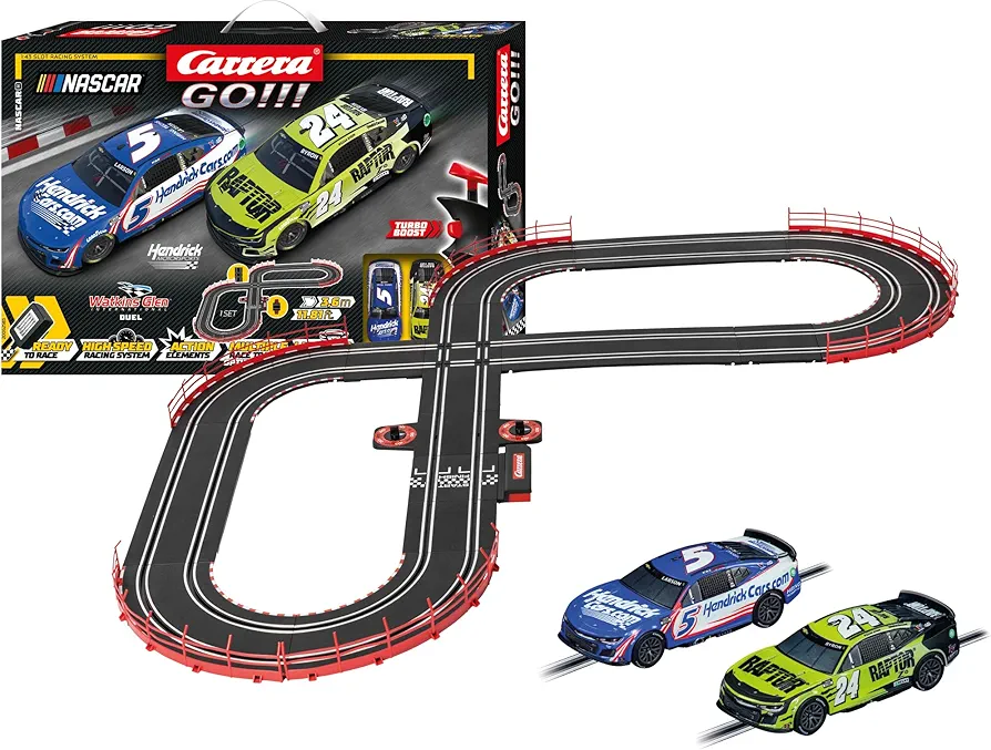 Carrera GO!!! 62583 NASCAR Watkins Glen Duel Electric Powered Slot Car Racing Kids Toy Race Track Set Includes 2 Hand Controllers and 2 Cars in 1:43 Scale