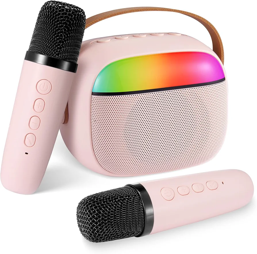 Kids Karaoke Machine,Portable Bluetooth Speaker with 2 Wireless Microphones, Gifts Toys for Girls 4, 5, 6, 7, 8, 9, 10 +Year Old Birthday Family Home Party(Pink)