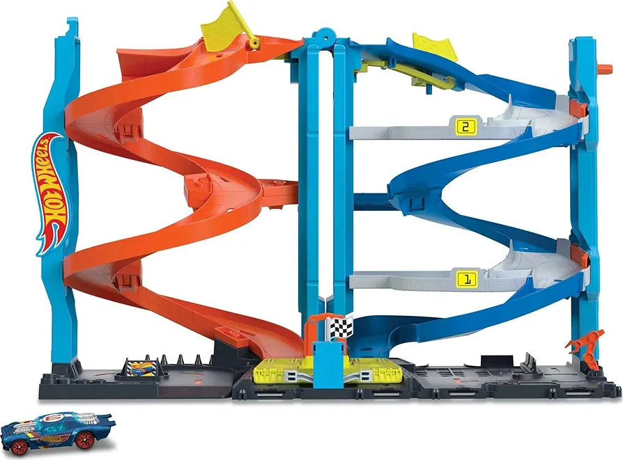 Hot Wheels City Toy Car Track Set, Transforming Race Tower, Single to Dual-Mode Racing, with 1:64 Scale Vehicle, 2 Ways to Race