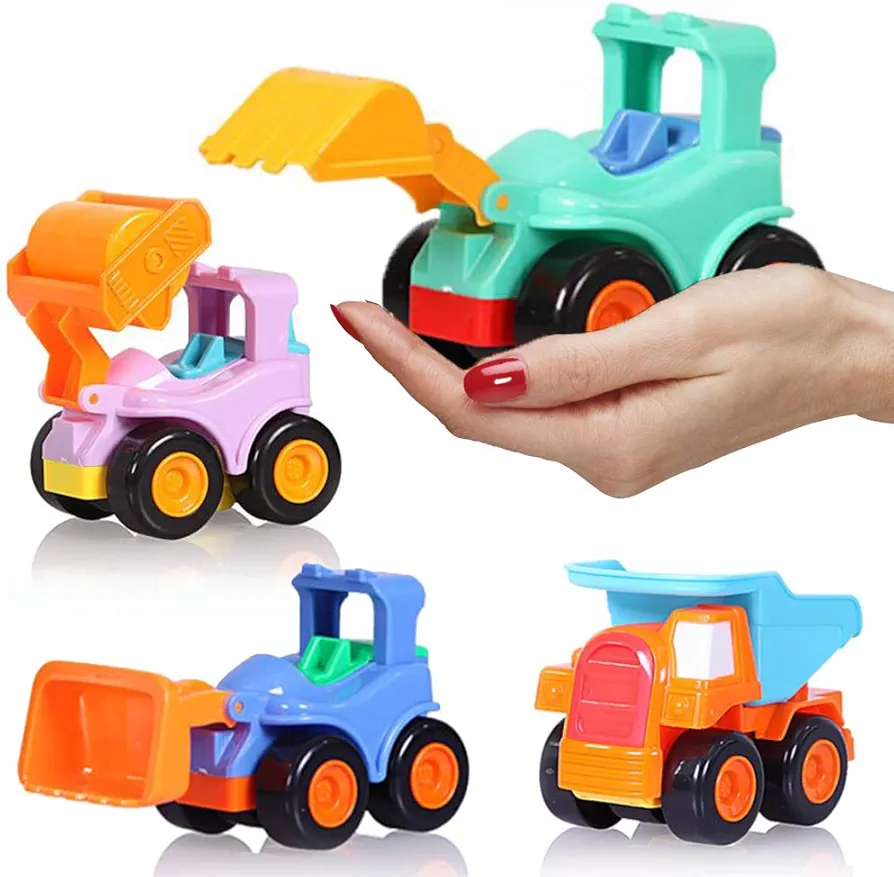 Toy Cars for 2 3 4 5 Year Old Boys Girls Toddlers, Friction Powered Construction Truck Toys, Pull Back and Go Vehicles with Dumper Road Roller Bulldozer Excavator 4 Pack Gift