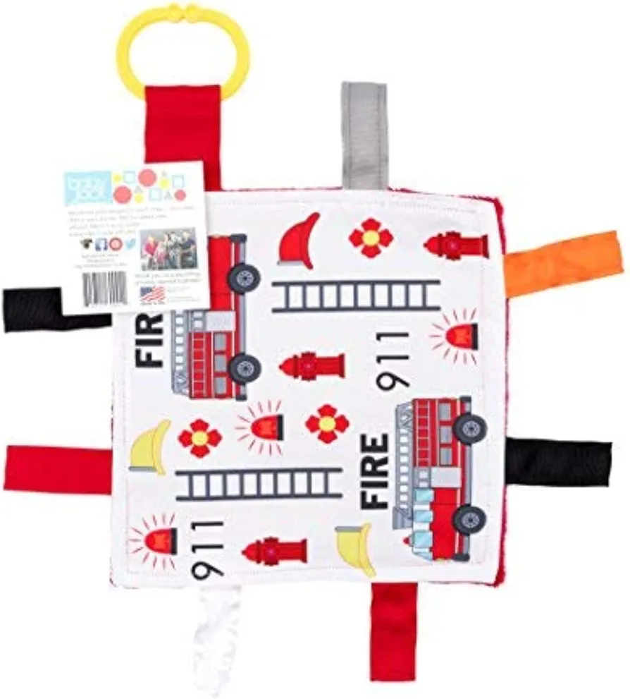 Baby Sensory Crinkle & Teething Square Lovey Toy with Closed Ribbon Tags for Increased Stimulation: 8"X8" (Firefighter)