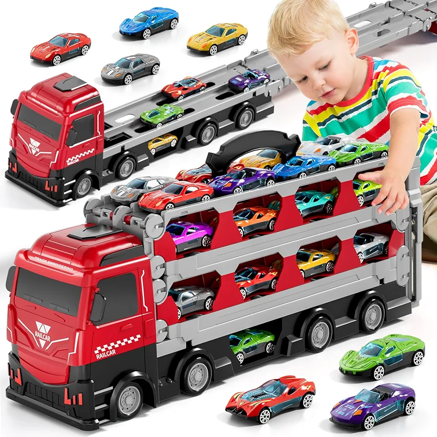 iHaHa 78 inches Transport Truck with 24pcs Die-Cast Cars Toys, Cars Toddler Toys Gifts for 2 3 4 5 6 7 Years Old Boys Girls Kids, Boys Toys Age 3-5 4-7