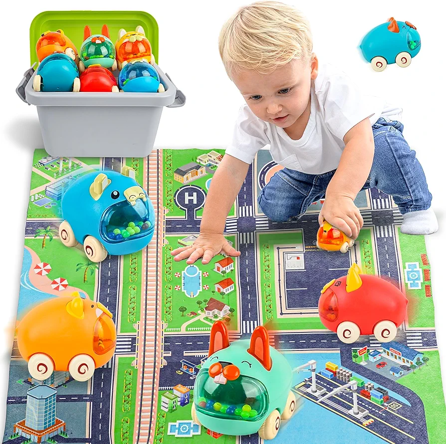 BELLOCHIDDO Baby Truck Car Toys with Playmat/Storage Box|6 Sets Baby Pull-Back Truck with Playmat and Storage Box for Toddlers Age 1-2|First Christmas Boys Gifts for Toddler Toys Age 1-2