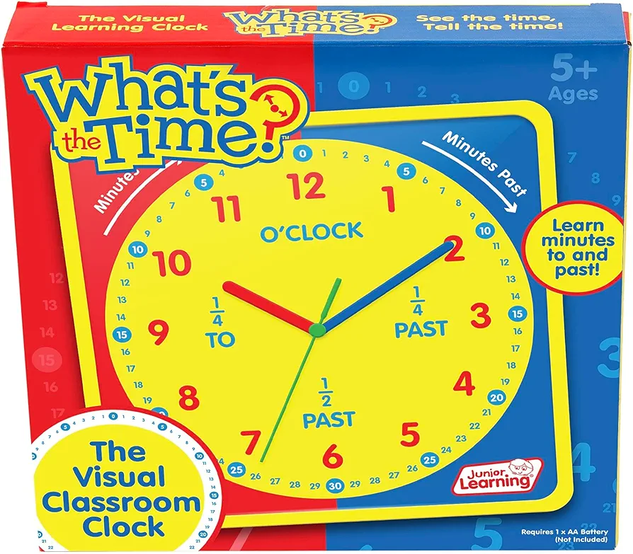 Junior Learning: What's The Time Classroom Clock - Visual Learning Tool, Learn Minutes to & Past, Battery Powered, Educational Toy, Kids Ages 5+