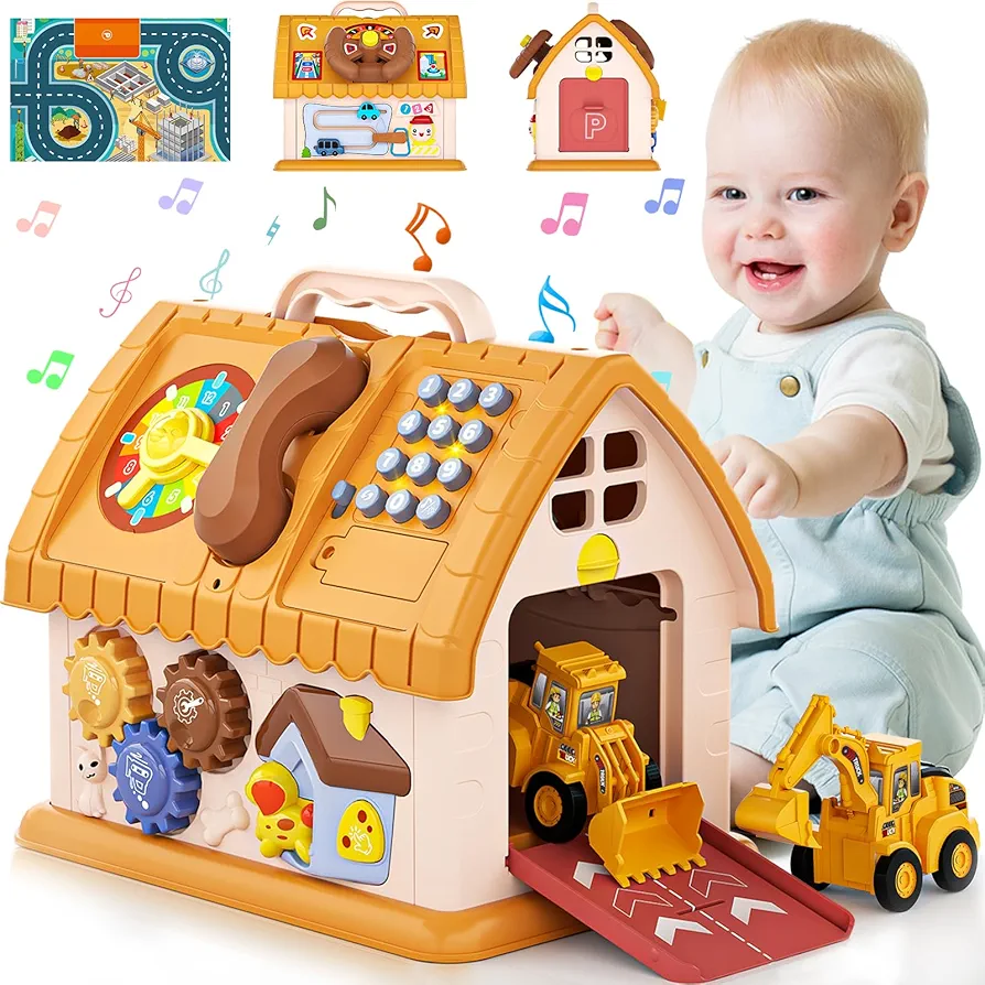 Toys for 1-2 Year Old Gifts, Montessori Toddlers Toys with Sound/Lights/Music/Clock/Car/Telephone, 8 in 1 Multi-Functional House Toys for Boys Girls, Early Educational Learning Toy for Birthday