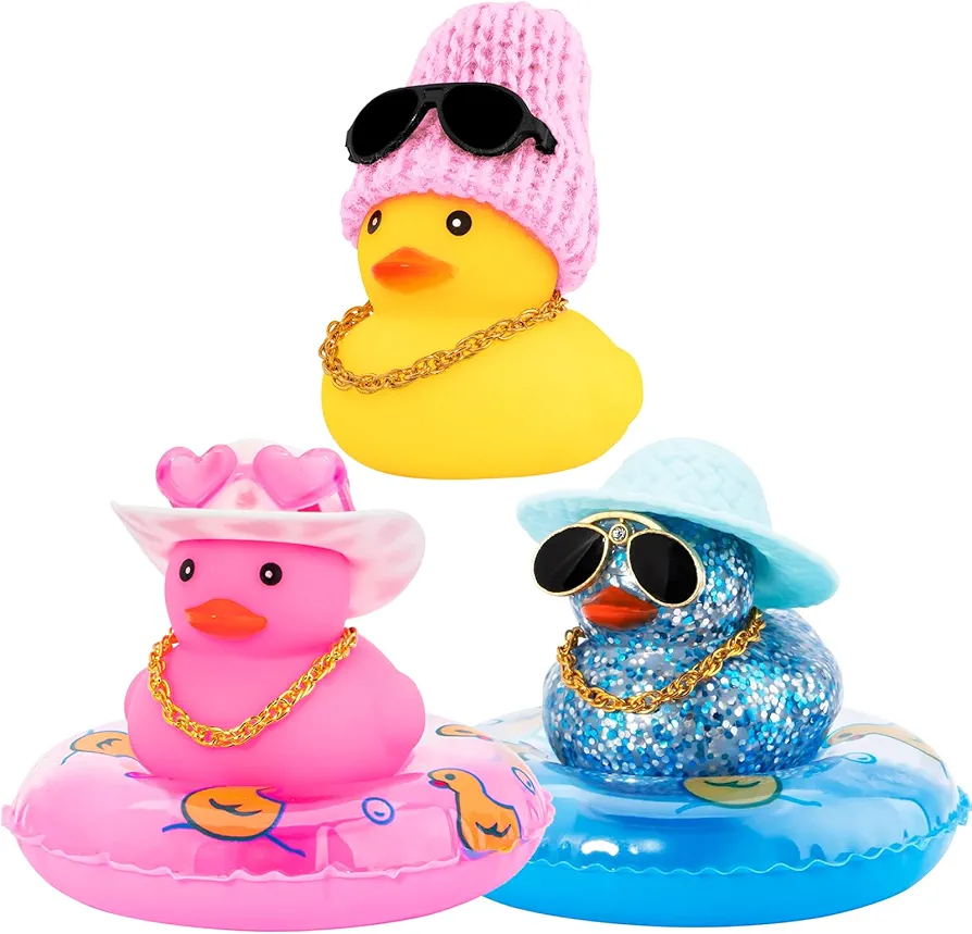 wonuu Pack of 3 Rubber Ducky Rubber Ducks, Car Decor Cute Car Accessories Rubber Duck for Car Decorations Dashboard Accessories, Love Heart Cowboy Duck & Knit Hat Duck & Blue Glitter Duck