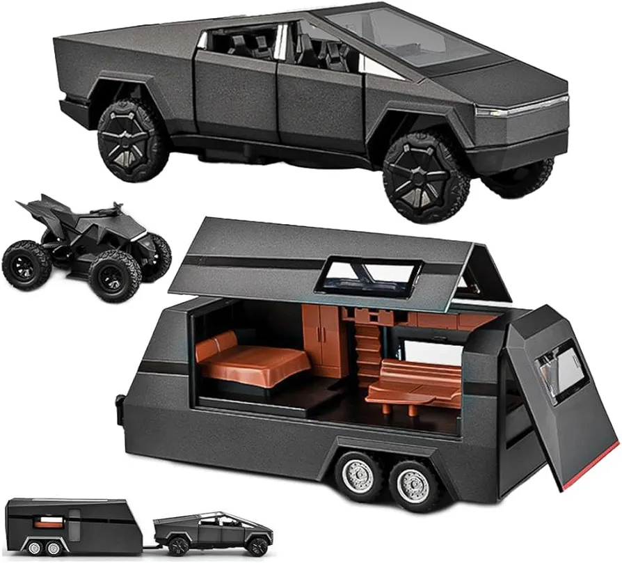 1/32 Pickup Trailer RV Model Kit, Off-Road Vehicle Alloy,Car Model Diecast Metal Toy,Truck Model Simulation Sound Light,Gifts for boy Girl. (with RV all black-A)