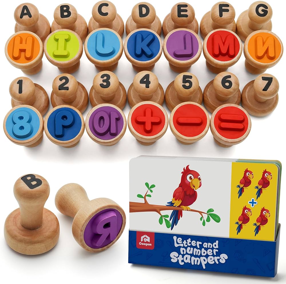 Coogam Wooden Alphabet Number Stamp Flashcard, ABC Spelling Letter Stampers and Mathematics Learning Number Stampers Arts and Crafts Supplies, Montessori Educational Toy Gifts for 3 4 5 Year Old