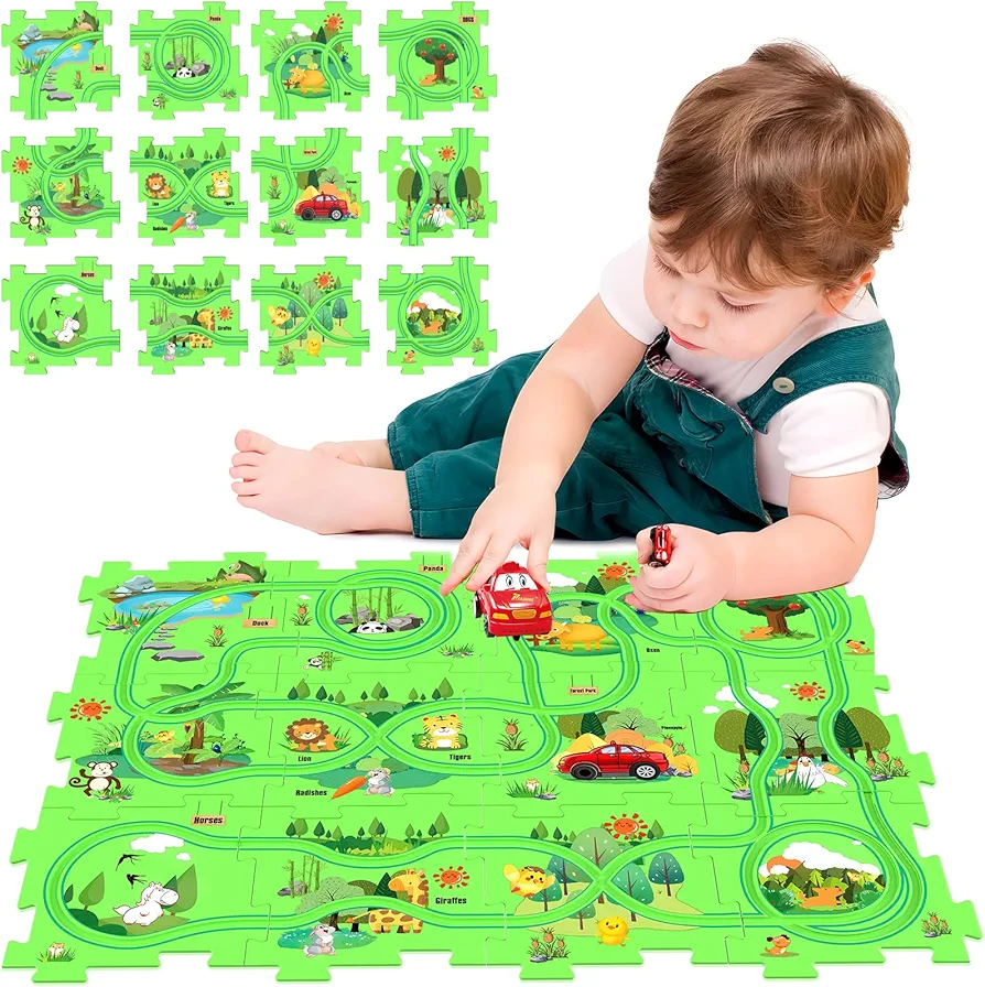 Puzzles and Track Combo, Kids Puzzle Rail Car Play Set, Educational Toys for 3 4 5 6 Year Old Boys Girls, Toddler Montessori Toy Gift