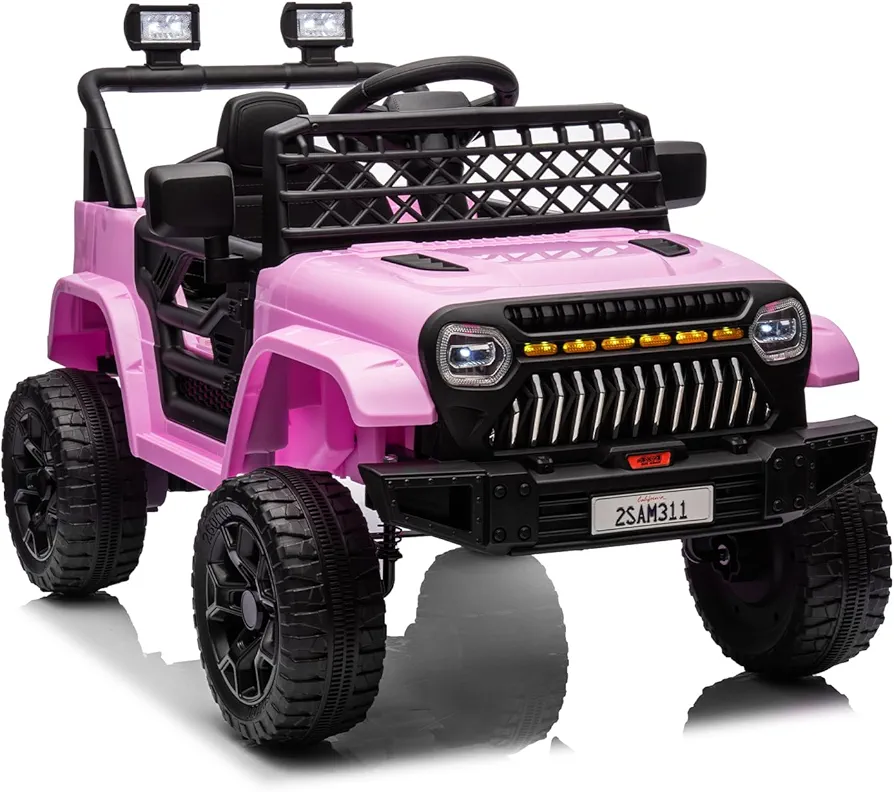 12V Kids Ride On Truck Electric Car Toy for Toddles with 2.4G Remote Control, Spring Suspension, Battery Display, LED Lights, Music, Battery Powered Ride on Car for Boys Girls (Pink)