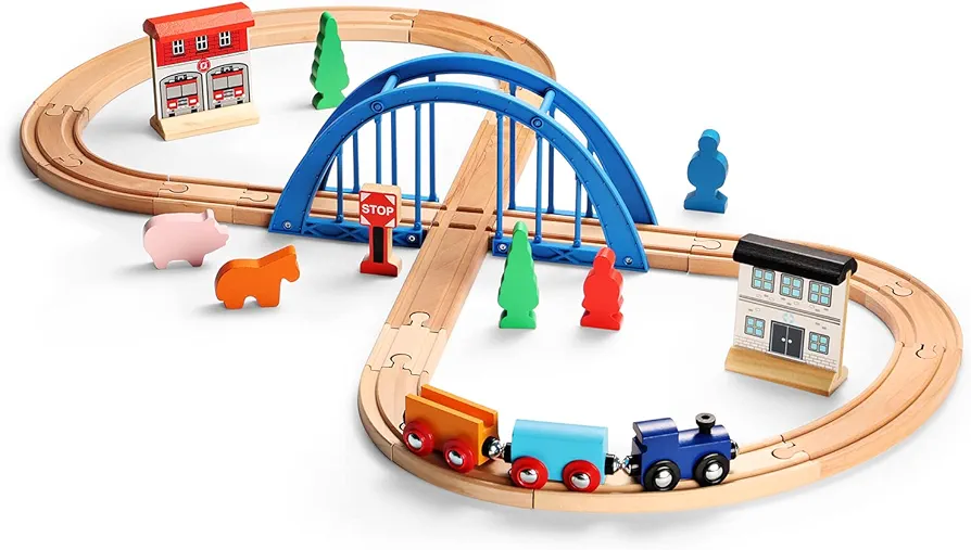 SainSmart Jr. Wooden Train Set Figure 8 for Toddlers Kids with Train Tracks Bridge Fits Brio, Thomas, Melissa and Doug, Chuggington Wood Toy Train for 3 4 5 Years Old Boys and Girls (20-347)