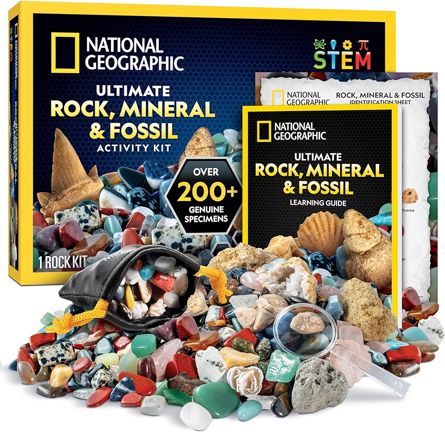 NATIONAL GEOGRAPHIC Rock Collection Box for Kids – 200 Piece Gemstones and Crystals Set includes Geodes and Real Fossils, Rocks and Minerals Science Kit for Kids, A Geology Gift for Boys and Girls