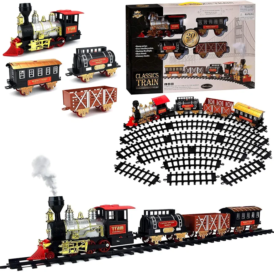 Limited Edition Large 20-Peice Classic Train Set with Safe Water Vapor Steam Smoke, Authentic Lights and Sounds, Full Set with Locomotive Engine, Cargo Cars, and Track Pieces for Boys and Girls