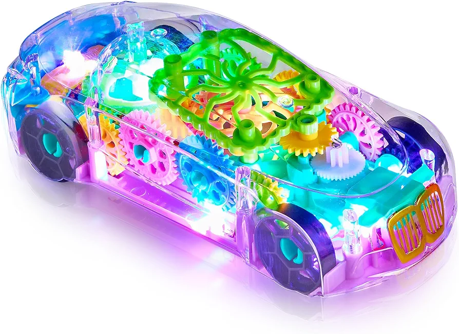 Light-Up Transparent Sensory Car Toy for Kids - 1 Pack - Bump and Go Colorful Moving Gears, Music, LED Effects - Fun Educational Toy - Great Birthday Gift Idea