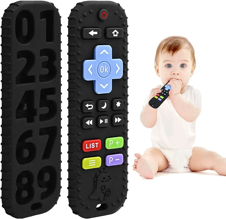 Teething Relief Teethers Toys for Babies 3-6 12 Months Gifts, Silicone Remote Control Baby Teether Bath Toys for 3 6 9 Months Newborn Infant Boy Girl Autism, Food Grade Silicone Sensory Toys, Black