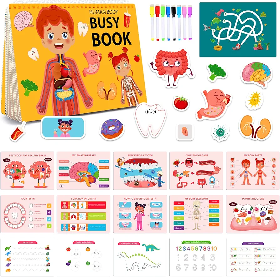 BELLOCHIDDO Montessori Busy Book for Toddlers-Preschool Learning Activities Books,Newest Body Themes Busy Quiet Book,Early Educational Autism Sensory Travel Toys Gifts for Kids Ages 1-3 2-4 3-5 4-8