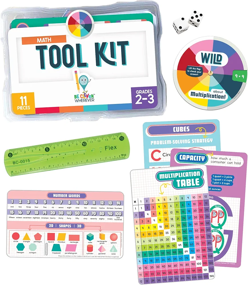 Carson Dellosa Be Clever Wherever Math Tool Kit, 11-Piece Math Games for Kids Ages 6-8 With Math Manipulatives, Multiplication Chart, and Math Dice, Math Corner Classroom Supplies