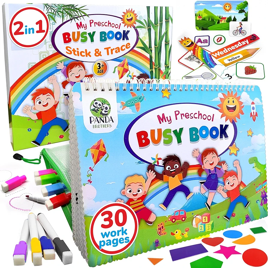 Panda Brothers Toddler Busy Book, Montessori Toys for 3 4 5 Years, Preschool Learning Activities, Educational Toys for Toddlers, Gift Coloring Book and Learning Materials, Toddler learning toy