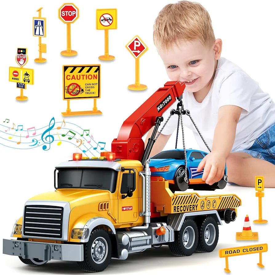 SpringFlower 15" Large Tow Truck Toy, Toy for 3 4 5 6 Years Old Boy Toddlers, Truck Vehicle Toy with Racing Car, Traffic Signs, Working Hook, Light Sound, Birthday Gifts for Boys & Girls